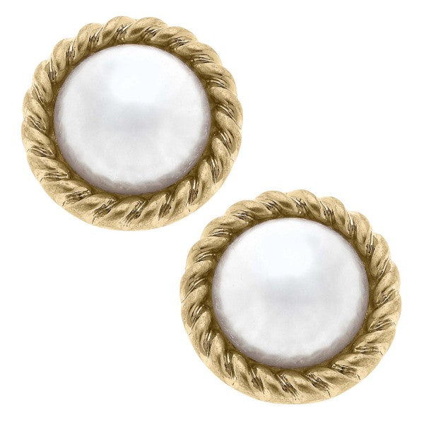 Pearl Stud Earrings with Rope Gold Tone Trim